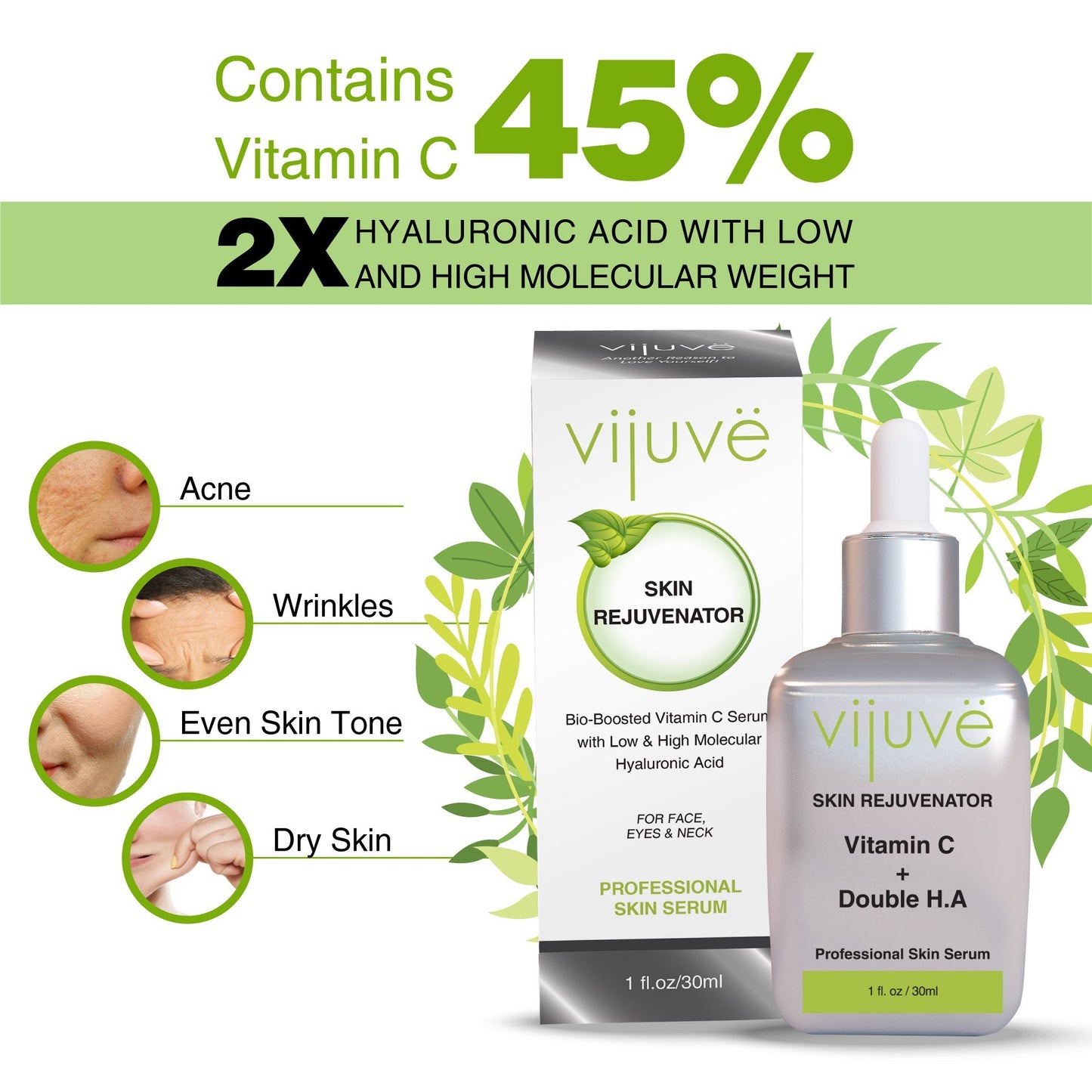 Sérum Visage Vitamine C Vijuve à l’Acide Hyaluronique Double Effet – 45 % de Vitamine C